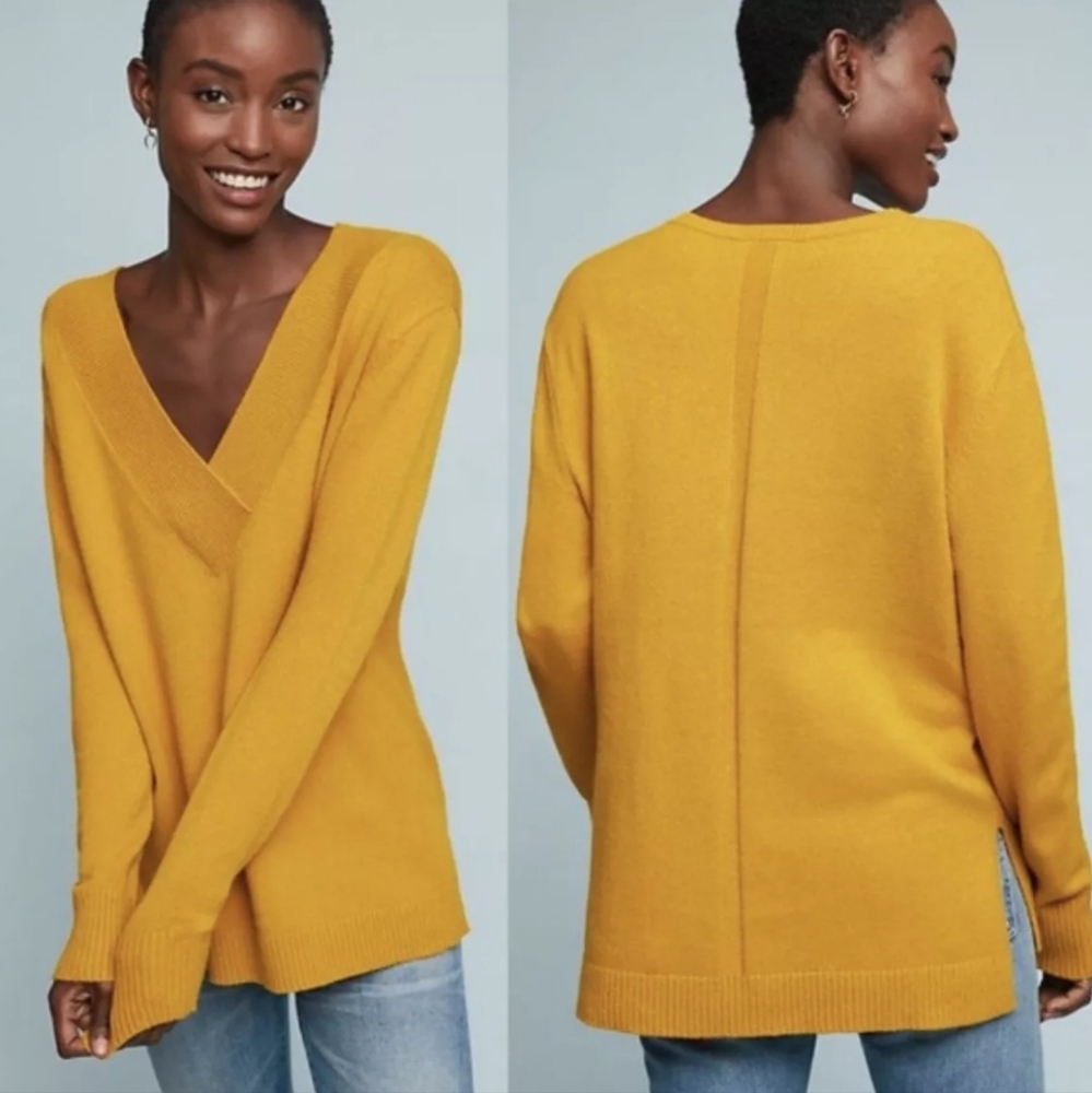 Anthropologie Mustard Yellow Rayon Long Sleeve‎ V-Neck Pullover Sweater Size S